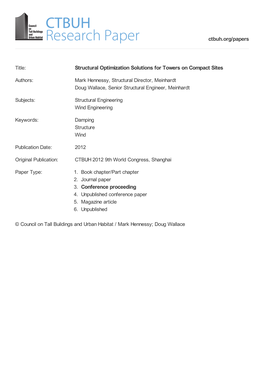 Structural Optimization Solutions for Towers on Compact Sites 3. Conference Proceeding Ctbuh.Org/Papers