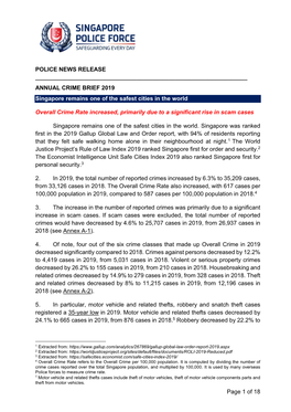 ANNUAL CRIME BRIEF 2019 Singapore Remains One of the Safest Cities in the World