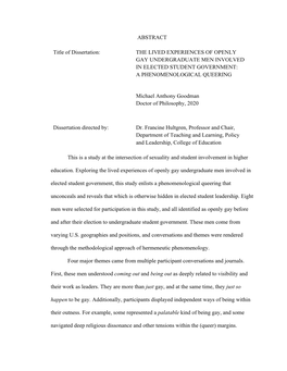 The Lived Experiences of Openly Gay Undergraduate Men Involved in Elected Student Government: a Phenomenological Queering