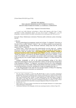 The Earliest Phoenician Settlement in Motya - Recent Discoveries by Rome «La Sapienza» Expedition