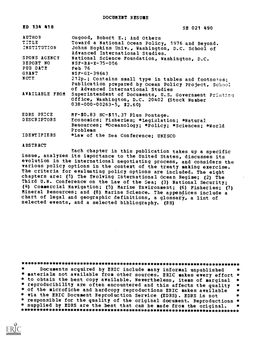 Toward a National Ocean Policy, 1976 and Beyond. INSTITUTION Johns Hopkins Univ., Washington, D.C