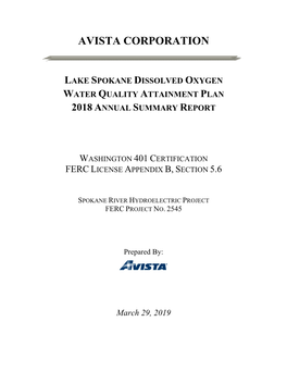 Lake Spokane Dissolved Oxygen Water Quality Attainment Plan 2018 Annual Summary Report