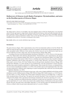 Rediscovery of Glenurus Incalis Banks (Neuroptera: Myrmeleontidae), and Notes on the Brazilian Species of Glenurus Hagen