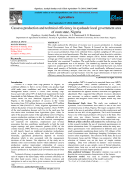 Cassava Production and Technical Efficiency in Ayedaade Local Government Area of Osun State, Nigeria Ogunleye, Ayodeji Sunday, R