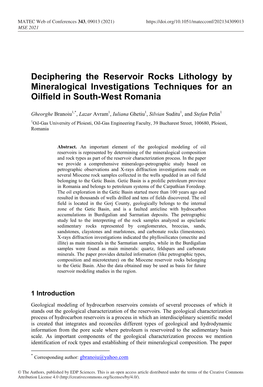 Deciphering the Reservoir Rocks Lithology by Mineralogical Investigations Techniques for an Oilfield in South-West Romania