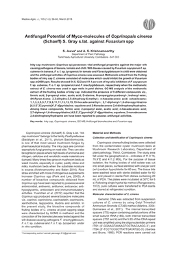 Antifungal Potential of Myco-Molecules of Coprinopsis Cinerea (Schaeff) S