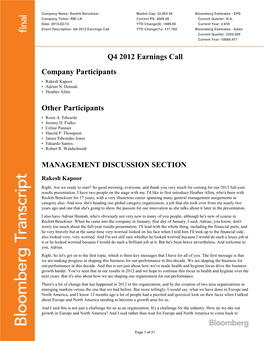 Q4 2012 Earnings Call YTD Change(%): +17.762 Bloomberg Estimates - Sales Current Quarter: 2452.000 Current Year: 10080.417