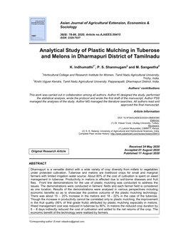 Analytical Study of Plastic Mulching in Tuberose and Melons in Dharmapuri District of Tamilnadu