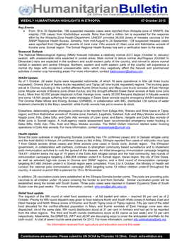 WEEKLY HUMANITARIAN HIGHLIGHTS in ETHIOPIA 07 October 2013