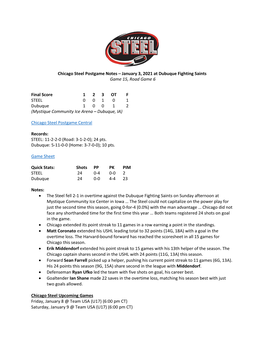 Chicago Steel Postgame Notes – January 3, 2021 at Dubuque Fighting Saints Game 15, Road Game 6