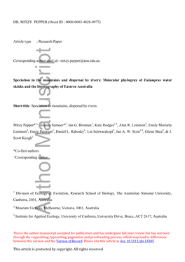 Speciation in the Mountains and Dispersal by Rivers: Molecular Phylogeny of Eulamprus Water Skinks and the Biogeography of Eastern Australia