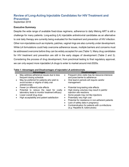 Review of Long-Acting Injectable Candidates for HIV Treatment and Prevention September 2018