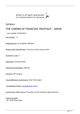 Syllabus the CINEMA of FRANCOIS TRUFFAUT - 50936