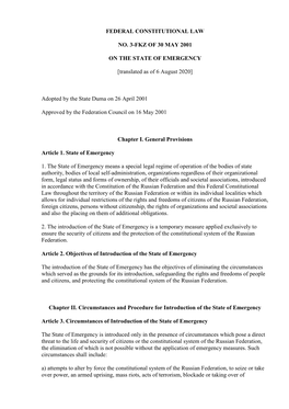 FEDERAL CONSTITUTIONAL LAW NO. 3-FKZ of 30 MAY 2001 on the STATE of EMERGENCY [Translated As of 6 August 2020]