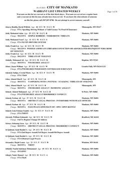 WARRANT LIST UPDATED WEEKLY Page 1 of 38 Warrants on This List Are Current As of the Date Listed Above