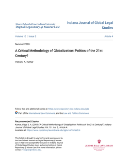 A Critical Methodology of Globalization: Politics of the 21St Century?