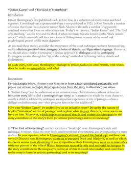 Indian Camp” and “The End of Something” Introduction Ernest Hemingway’S First Published Book, in Our Time, Is a Collection of Short Stories and Brief Vignettes