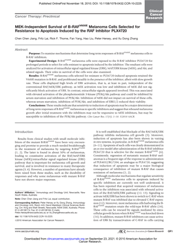 MEK-Independent Survival of B-RAFV600E Melanoma Cells Selected for Resistance to Apoptosis Induced by the RAF Inhibitor PLX4720