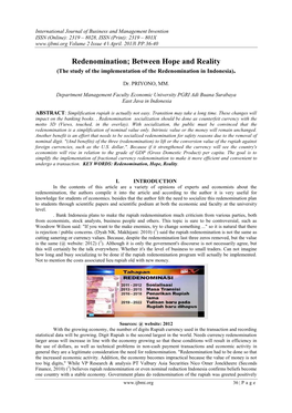 Redenomination; Between Hope and Reality (The Study of the Implementation of the Redenomination in Indonesia)