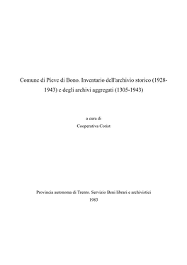 Comune Di Pieve Di Bono. Inventario Dell'archivio Storico …