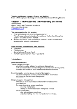 Session 1: Introduction to the Philosophy of Science Hasok Chang Dept of History and Philosophy of Science University of Cambridge Hc372@Cam.Ac.Uk