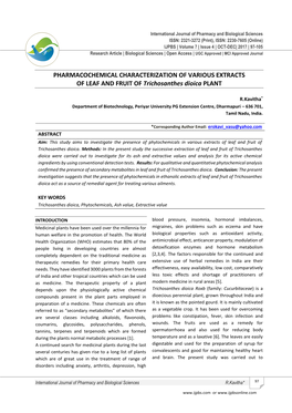 PHARMACOCHEMICAL CHARACTERIZATION of VARIOUS EXTRACTS of LEAF and FRUIT of Trichosanthes Dioica PLANT