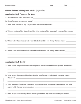 Student Sheet PA: Investigation Results (Page 1 of 6)