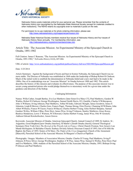 Article Title: the Associate Mission: an Experimental Ministry of the Episcopal Church in Omaha, 1891-1902