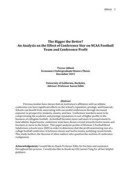 The Bigger the Better? an Analysis on the Effect of Conference Size on NCAA Football Team and Conference Profit