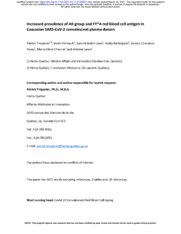 Increased Prevalence of AB Group and FY*A Red Blood Cell Antigen in Caucasian SARS-Cov-2 Convalescent Plasma Donors