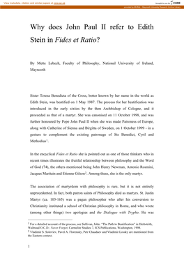 Why Does John Paul II Refer to Edith Stein in Fides Et Ratio?