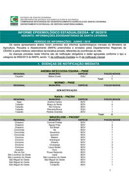 Informe Epidemiológico Estadual/Dedsa - N° 06/2019 Assunto: Informações Zoossanitárias De Santa Catarina