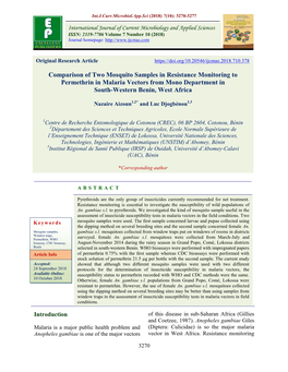 Comparison of Two Mosquito Samples in Resistance Monitoring to Permethrin in Malaria Vectors from Mono Department in South-Western Benin, West Africa