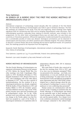 Timo Salminen in SEARCH of a NORDIC IDEA? the FIRST FIVE NORDIC MEETINGS of ARCHAEOLOGISTS 1916–27