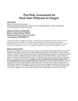 Pest Risk Assessment for Rock Snot (Didymo) in Oregon