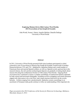 Exploring Mission Life in 18Th-Century West Florida: 2011 Excavations at San Joseph De Escambe John Worth, Norma J. Harris, Jenn