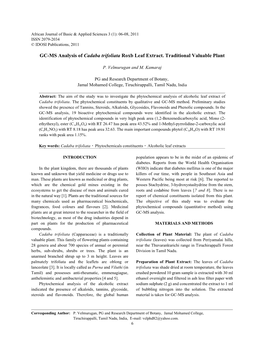 GC-MS Analysis of Cadaba Trifoliata Roxb Leaf Extract. Traditional Valuable Plant