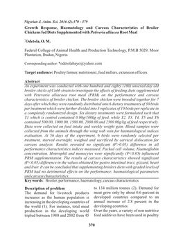 Growth Response, Haematology and Carcass Characteristics of Broiler Chickens Fed Diets Supplemented with Petiveria Alliacea Root Meal