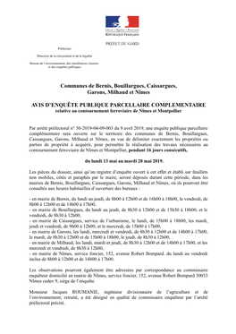 Communes De Bernis, Bouillargues, Caissargues, Garons, Milhaud Et Nîmes AVIS D'enquête PUBLIQUE PARCELLAIRE COMPLEMENTAIRE