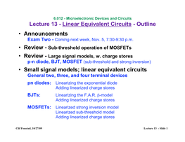 Lecture 13 - Linear Equivalent Circuits - Outline • Announcements Exam Two - Coming Next Week, Nov