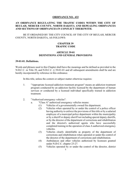 Ordinance No. 433 an Ordinance Regulating the Traffic Codes Within the City of Beulah, Mercer County, North Dakota and Repealin