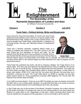 The Enlightenment the Newsletter of the Humanist Association of London and Area an Affiliate of Humanist Canada (HC)