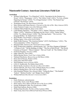 Nineteenth-Century American Literature Field List