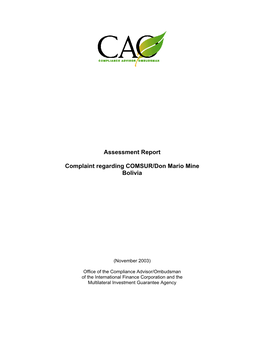 Assessment Report – Complaint Regarding the Don Mario Mine, Bolivia