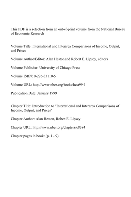 Introduction To" International and Interarea Comparisons of Income