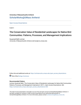 The Conservation Value of Residential Landscapes for Native Bird Communities: Patterns, Processes, and Management Implications