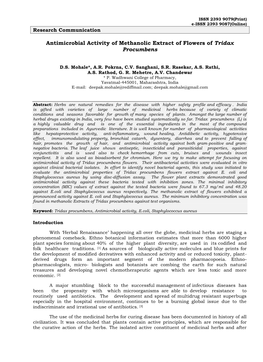 Antimicrobial Activity of Methanolic Extract of Flowers of Tridax Procumbens