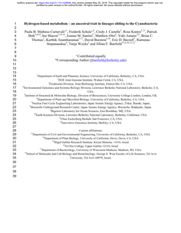 Hydrogen-Based Metabolism – an Ancestral Trait in Lineages Sibling to the Cyanobacteria 2 3 Paula B