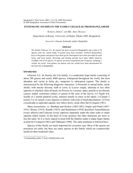 Systematic Studies in the Family Liliaceae from Bangladesh