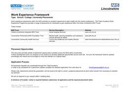 Work Experience Framework Type: School / College / University Placements